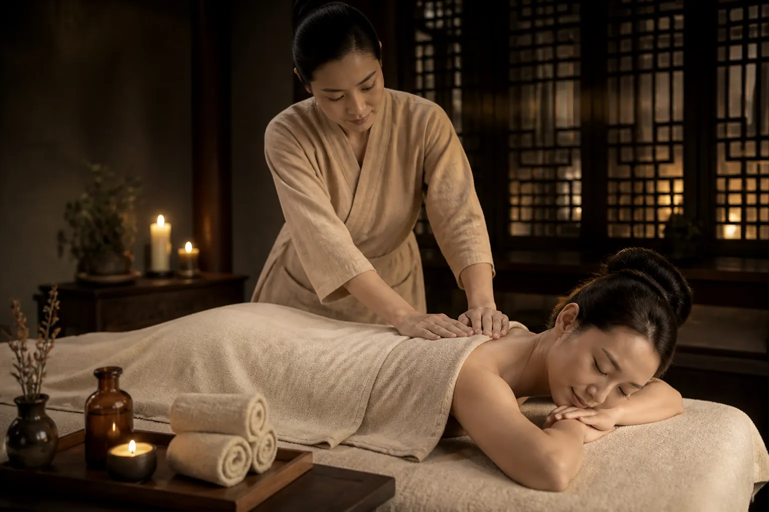 Tuina-Massage bei Kerzenlicht – eine Therapeutin behandelt den oberen Rücken einer Klientin