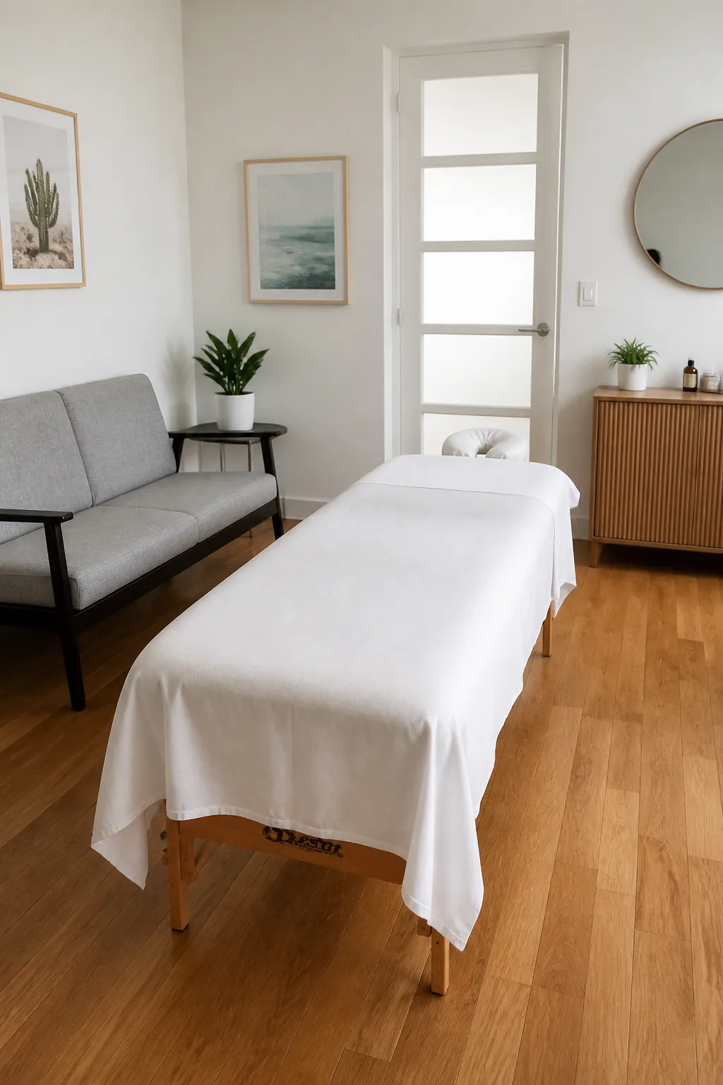 Heller, ruhiger Behandlungsraum mit Massageliege